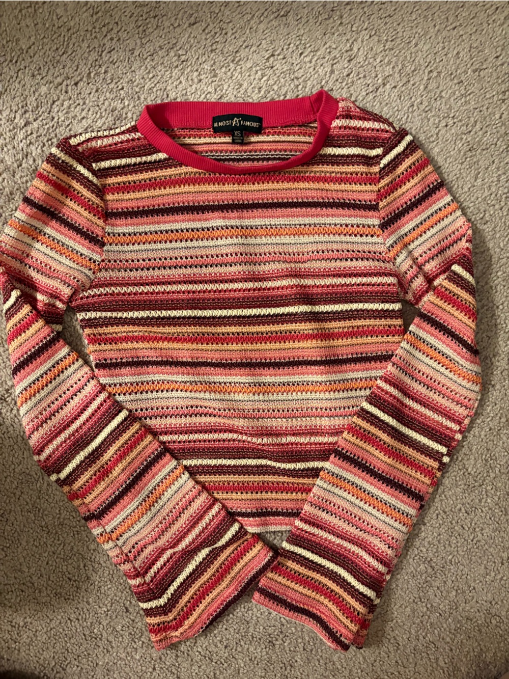 Almost Famous Striped Crewneck Sweater in Pink, Coral, Cream & Brown